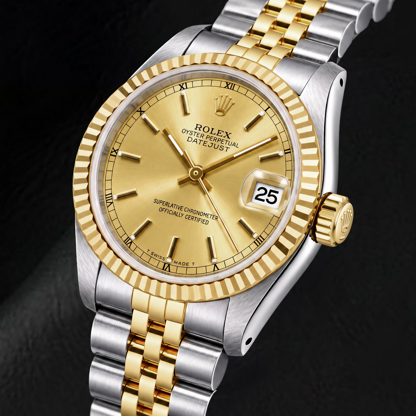 Rolex Datejust 6824 31 mm Bicolor-Uhr, champagnerfarbenes Zifferblatt mit Strichindizes und römischen Ziffern