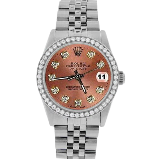 Rolex Datejust 31 mm Edelstahluhr mit lachsfarbenem Diamant-Zifferblatt und Lünette