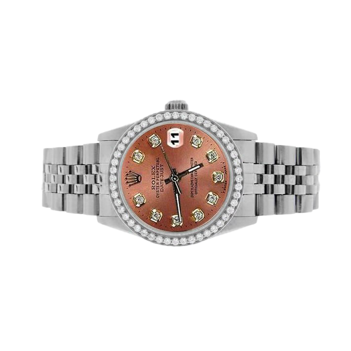 Rolex Datejust 31 mm Edelstahluhr mit lachsfarbenem Diamant-Zifferblatt und Lünette