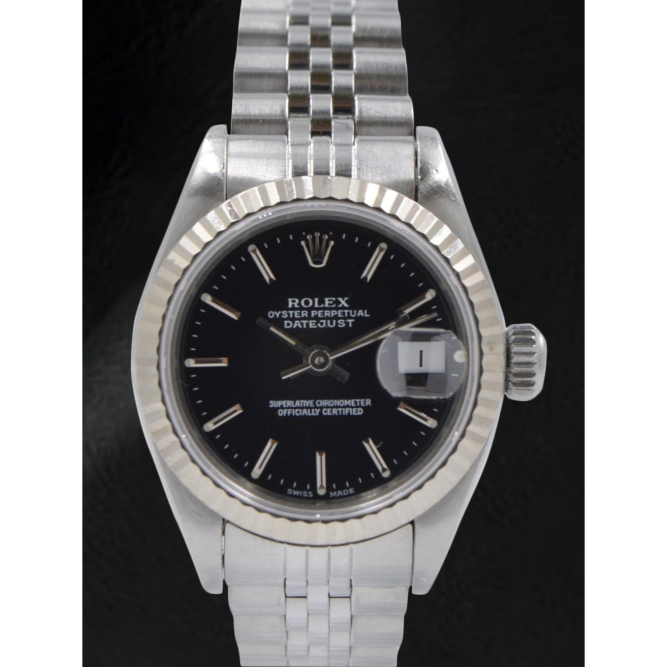 Rolex Datejust 31 mm Edelstahluhr mit schwarzem Stabzifferblatt
