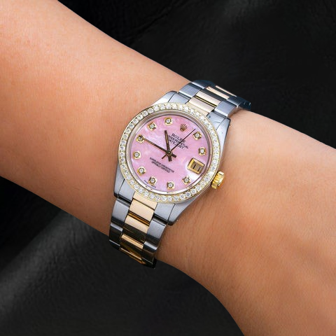 Rolex Datejust 31 mm, rosa Perlmutt-Zifferblatt mit Diamanten, zweifarbiges Oyster-Armband