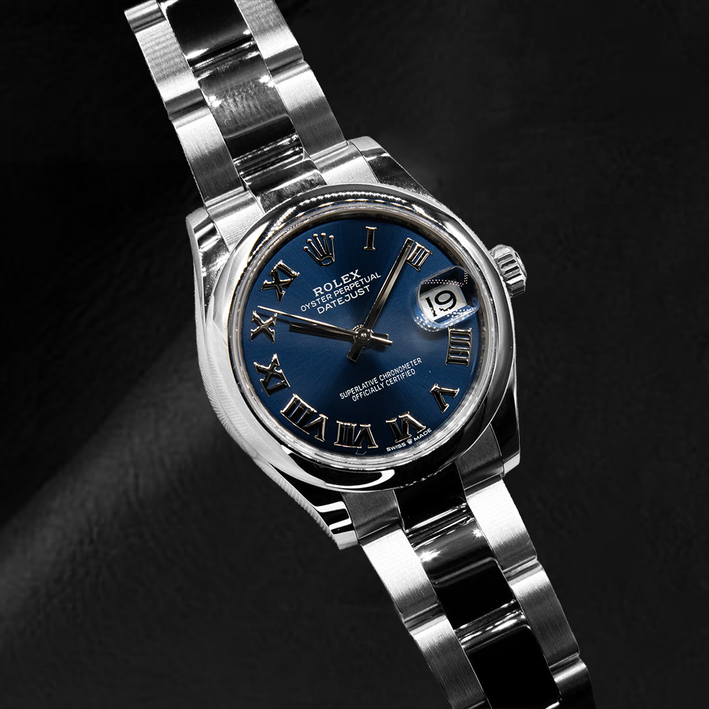 Rolex Datejust 31 mm blaue Damenuhr mit römischem Zifferblatt aus Edelstahl