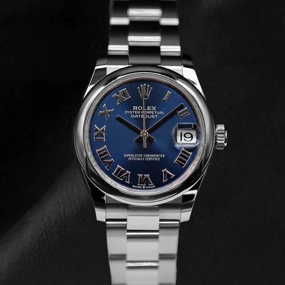 Rolex Datejust 31 mm blaue Damenuhr mit römischem Zifferblatt aus Edelstahl