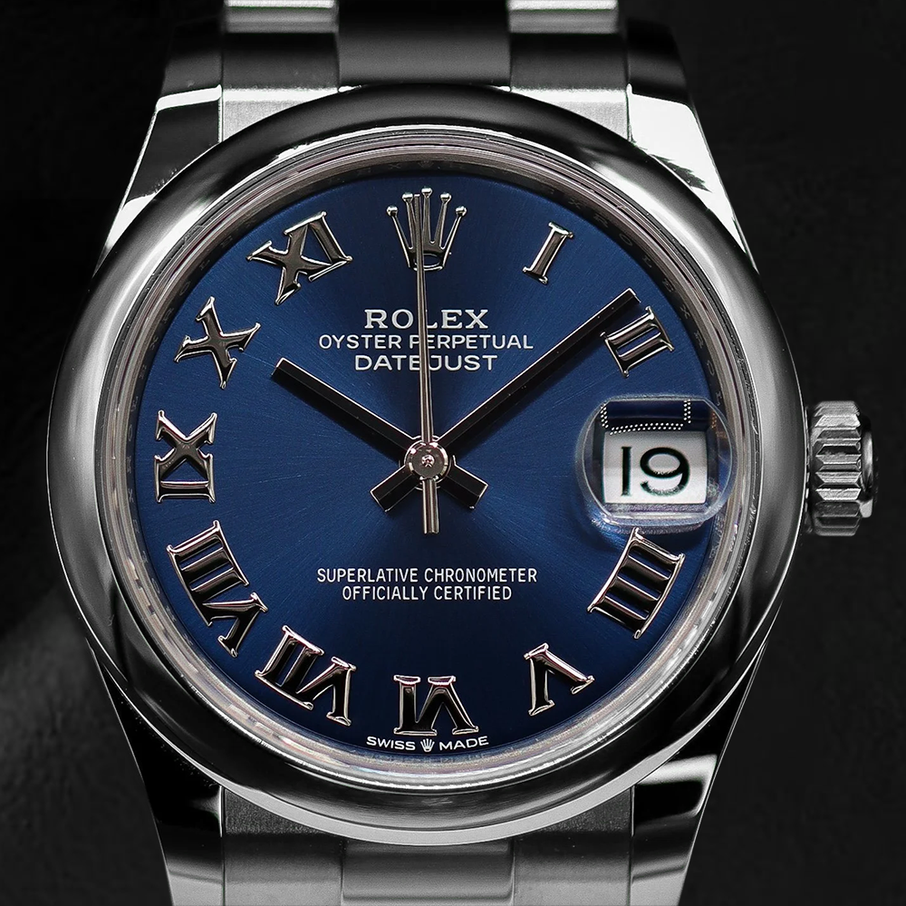 Rolex Datejust 31 mm blaue Damenuhr mit römischem Zifferblatt aus Edelstahl