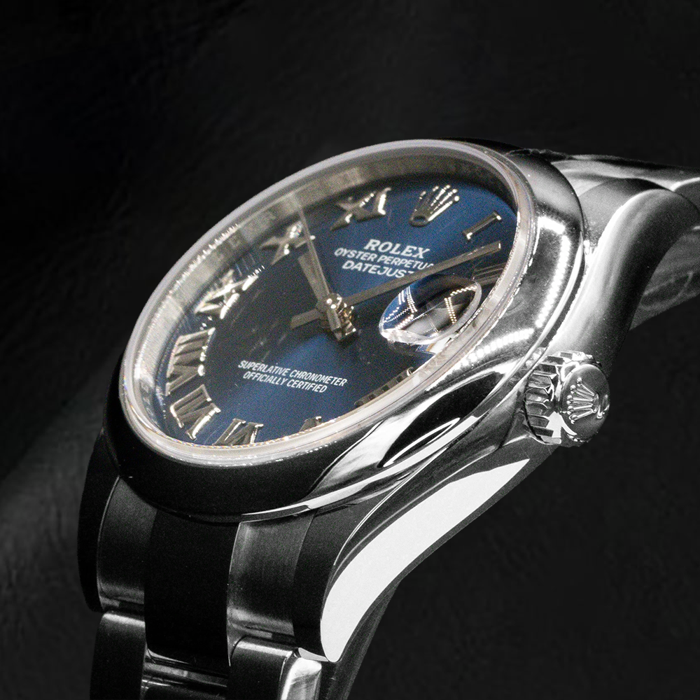 Rolex Datejust 31 mm blaue Damenuhr mit römischem Zifferblatt aus Edelstahl