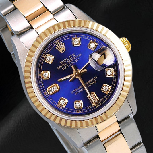 Rolex Datejust 31 mm, blaues Diamantzifferblatt, zweifarbiges Oyster-Armband