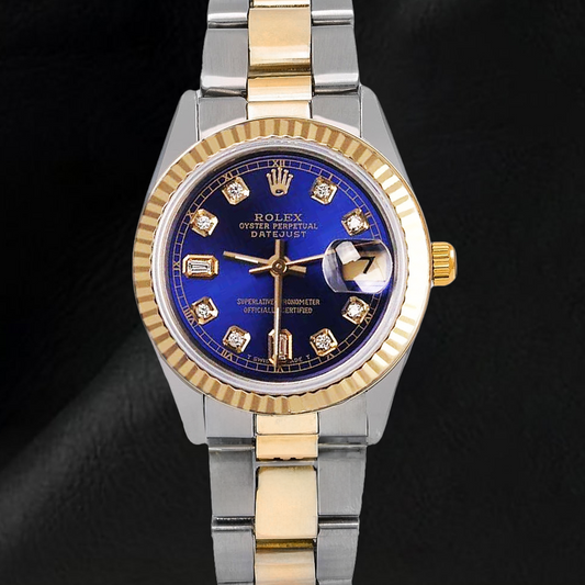 Rolex Datejust 31 mm, blaues Diamantzifferblatt, zweifarbiges Oyster-Armband