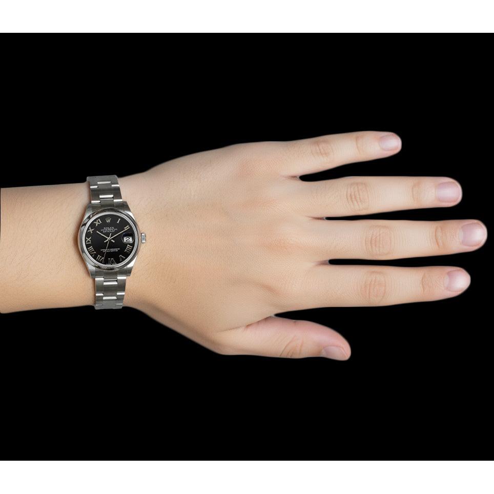 Rolex Datejust 31 mm schwarze Damenuhr mit römischem Zifferblatt und Edelstahl