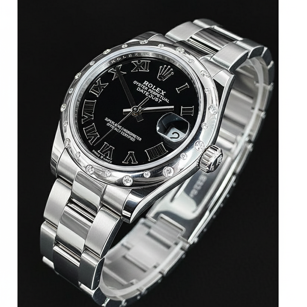 Rolex Datejust 31 mm schwarze römische Diamant-Damenuhr aus Edelstahl