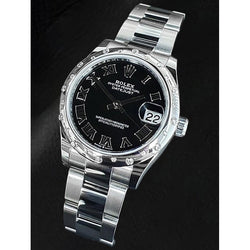 Rolex Datejust 31 mm schwarze römische Diamant-Damenuhr aus Edelstahl
