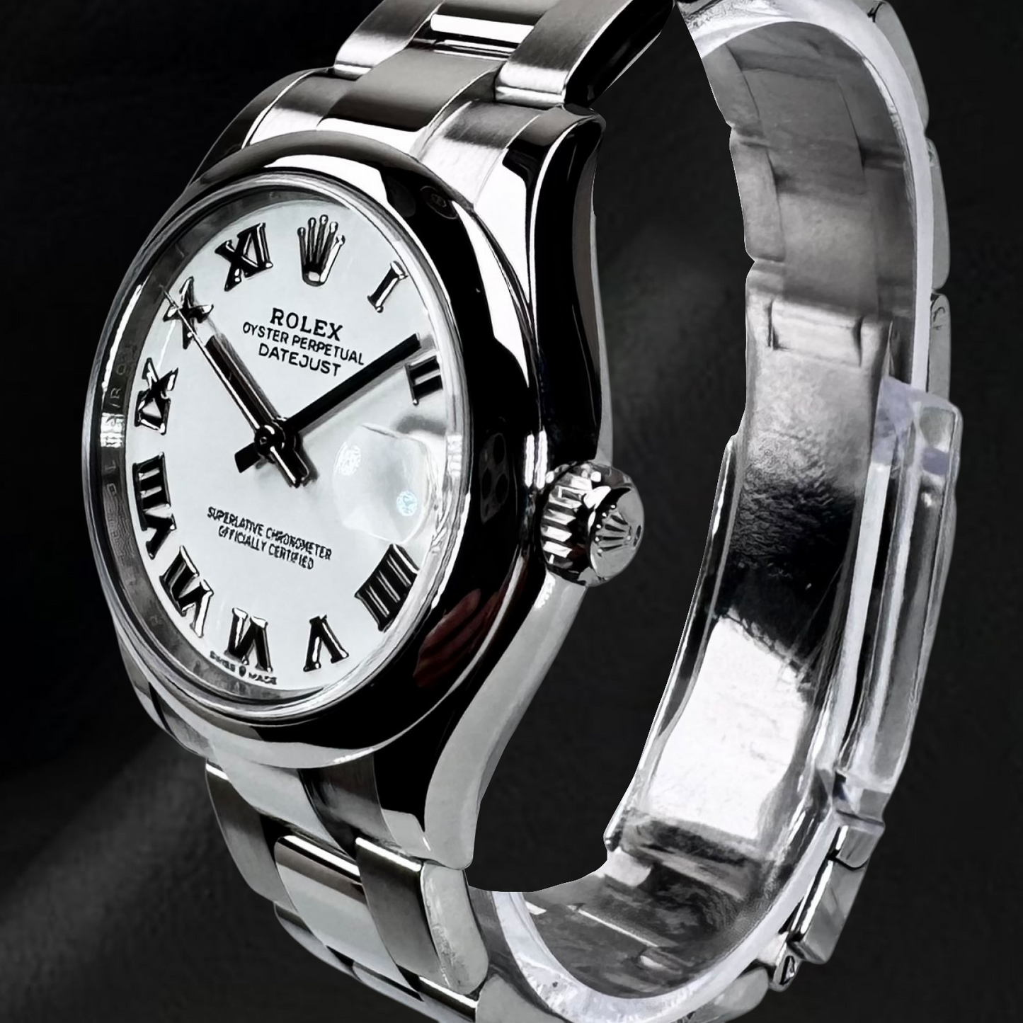 Rolex Datejust 31 mm weiße Damenuhr aus Stahl mit römischem Zifferblatt