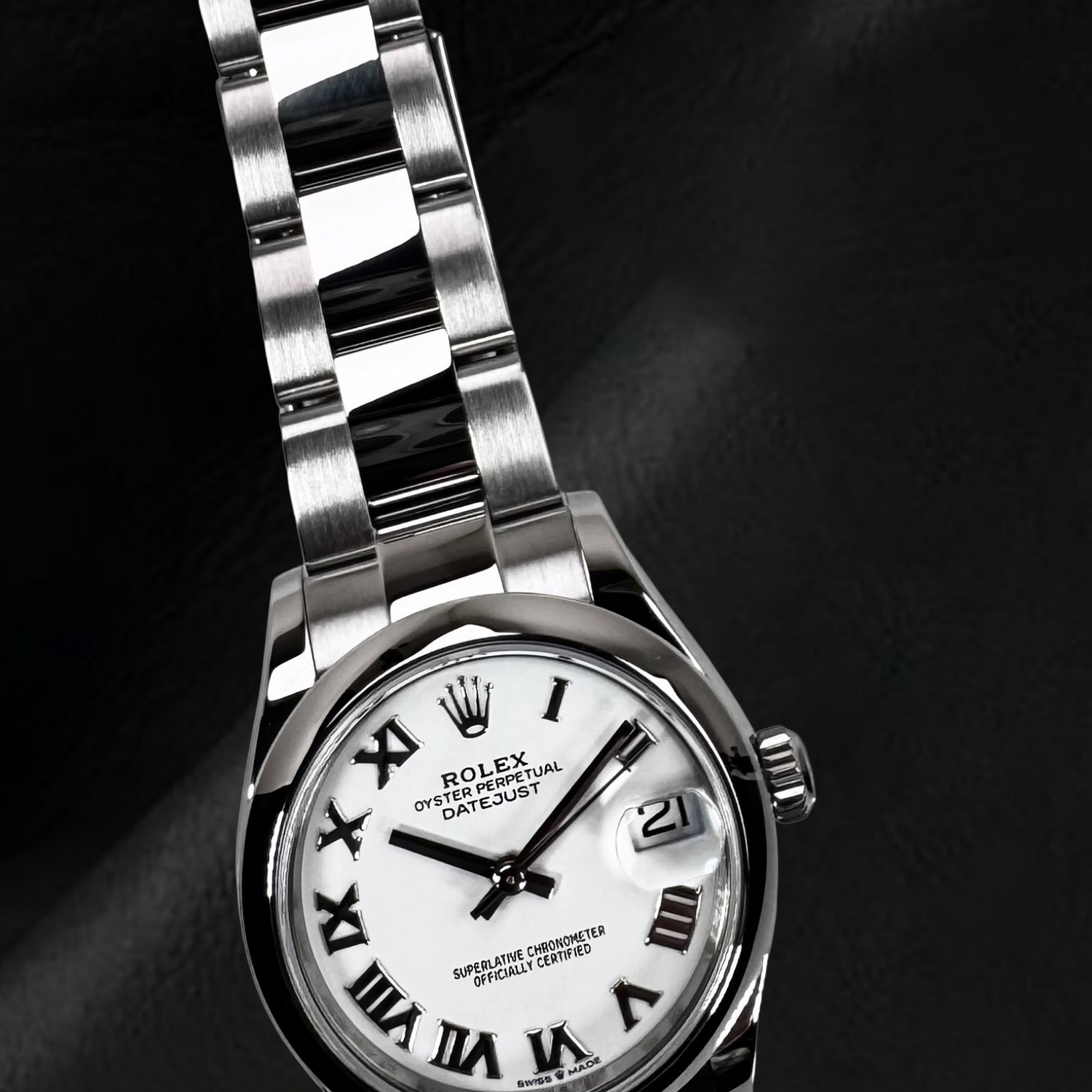 Rolex Datejust 31 mm weiße Damenuhr aus Stahl mit römischem Zifferblatt