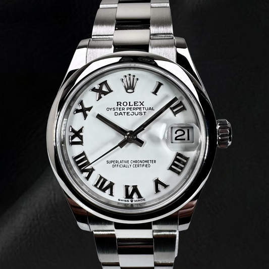 Rolex Datejust 31 mm weiße Damenuhr aus Stahl mit römischem Zifferblatt