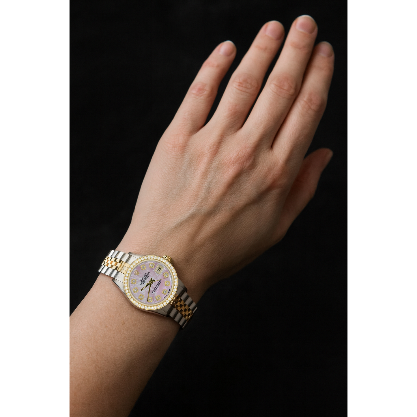 Rolex Datejust – 31 mm – zweifarbige Uhr mit rosa Perlmutt-Diamant-Zifferblatt