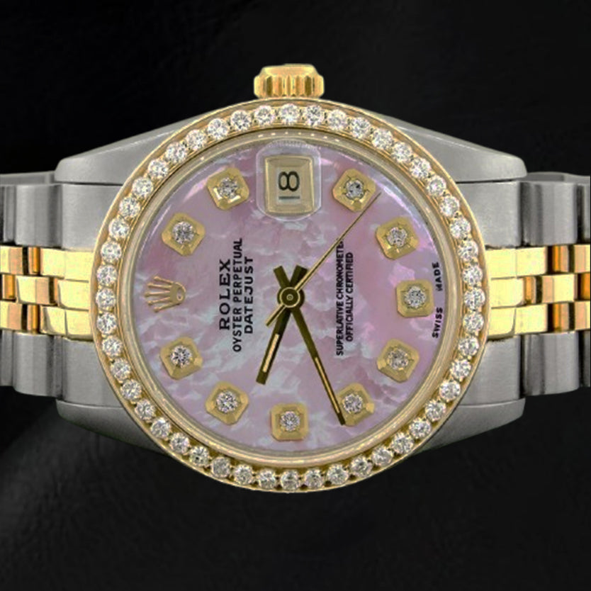 Rolex Datejust – 31 mm – zweifarbige Uhr mit rosa Perlmutt-Diamant-Zifferblatt