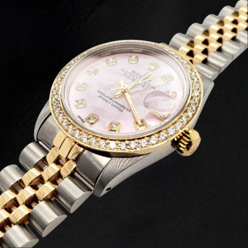 Rolex Datejust – 31 mm – zweifarbige Uhr mit rosa Perlmutt-Diamant-Zifferblatt