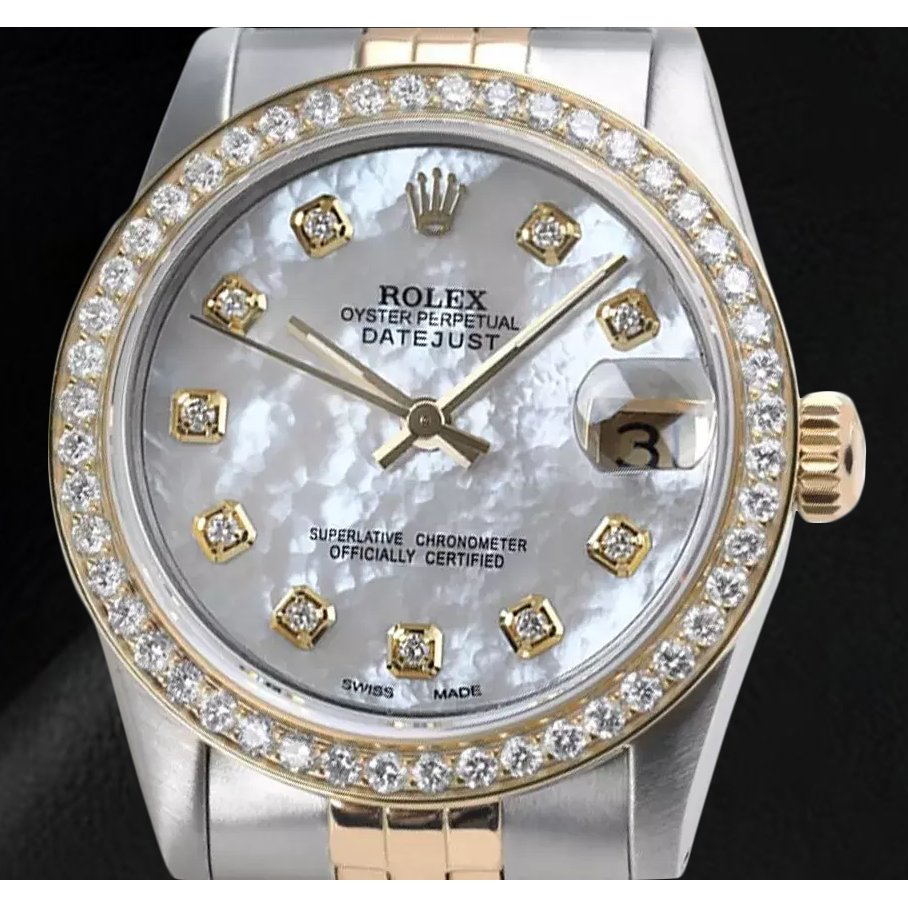 Rolex Datejust 31 mm, zweifarbige Uhr mit weißem Perlmutt-Zifferblatt und Diamanten