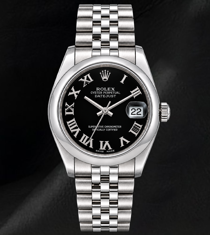 Rolex Datejust 31 mm 178240 Uhr aus Edelstahl mit schwarzem Zifferblatt mit römischen Ziffern