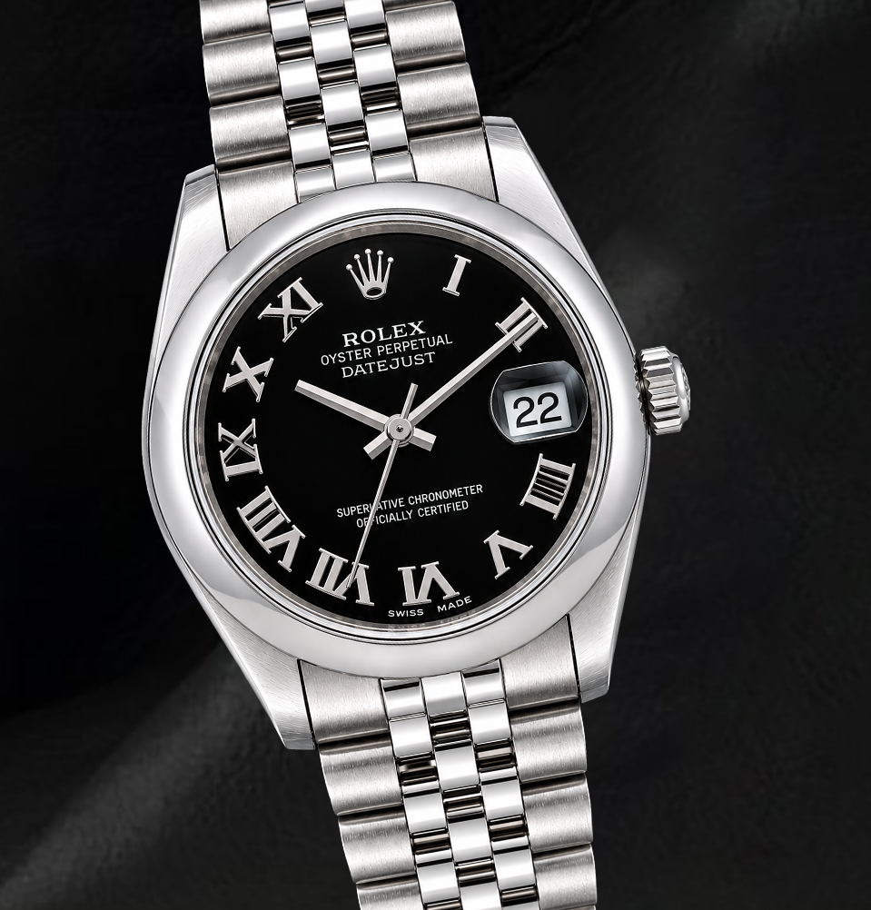Rolex Datejust 31 mm 178240 Uhr aus Edelstahl mit schwarzem Zifferblatt mit römischen Ziffern