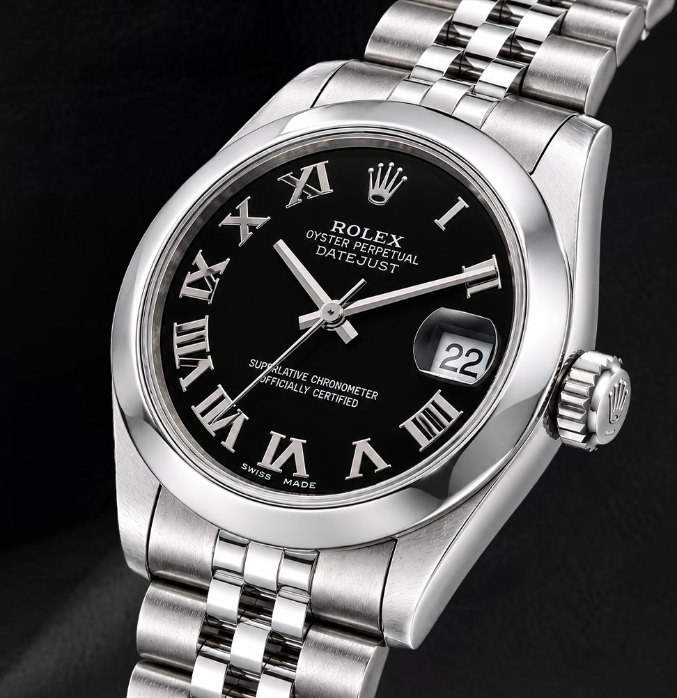 Rolex Datejust 31 mm 178240 Uhr aus Edelstahl mit schwarzem Zifferblatt mit römischen Ziffern