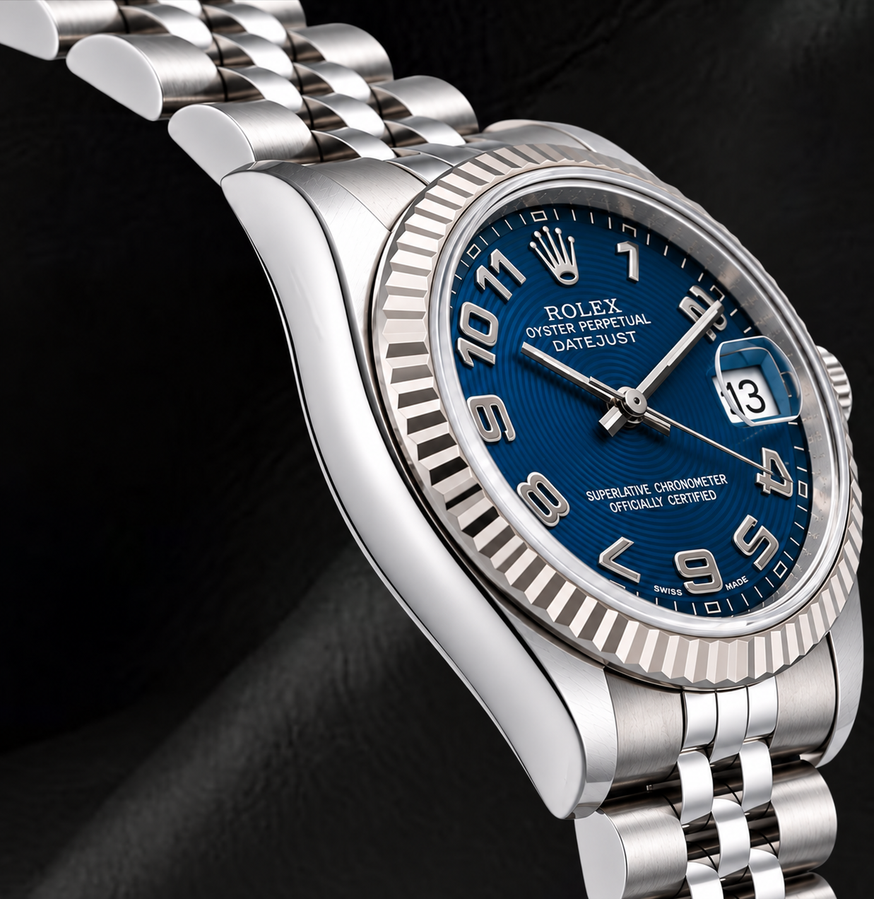 Rolex Datejust 31 mm 178274 Uhr, blaues Zifferblatt mit arabischen Ziffern, geriffelte Lünette aus Weißgold