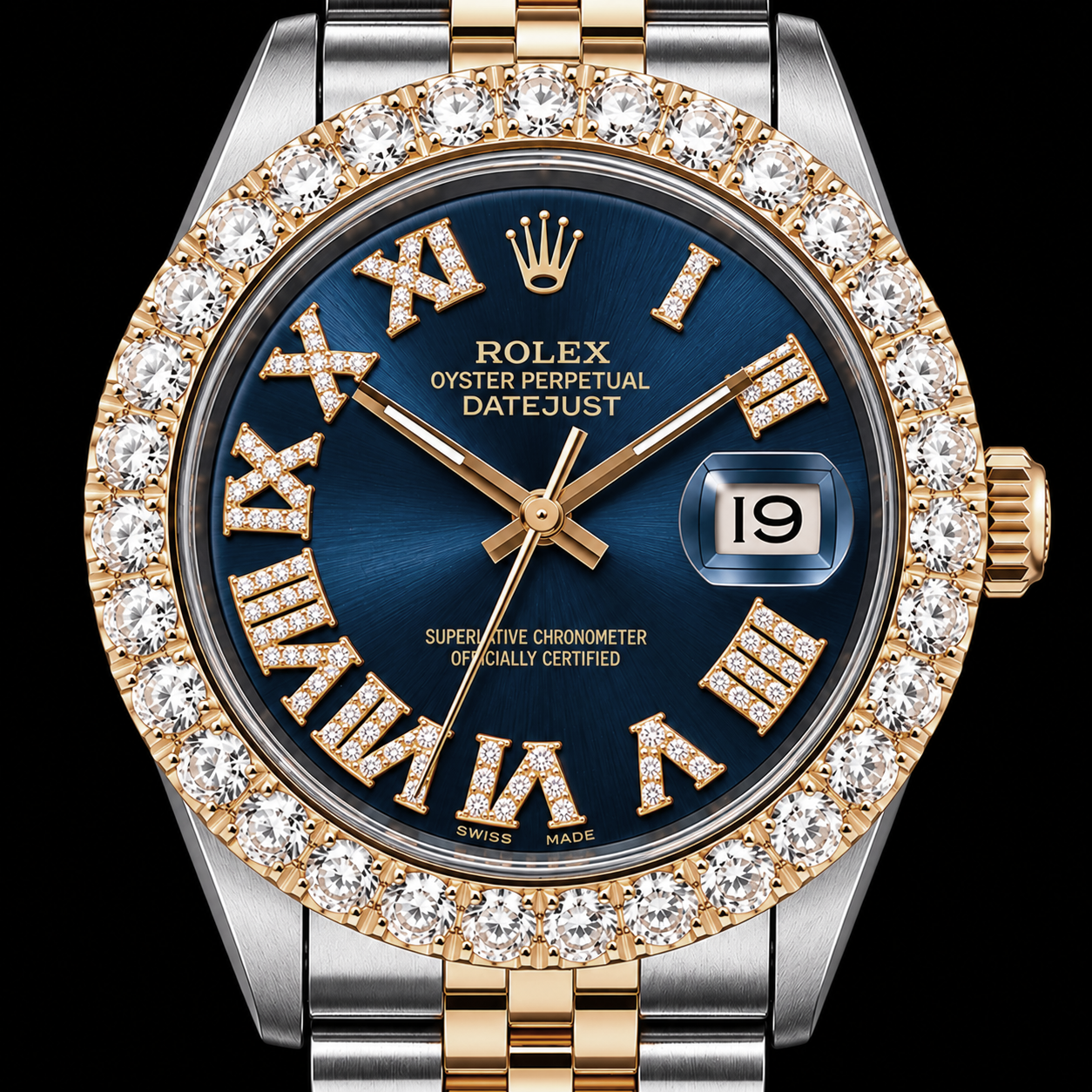 Rolex Datejust 36 mm 1601 Blaues Diamantzifferblatt mit römischen Ziffern Bicolor Jubilé-Armband
