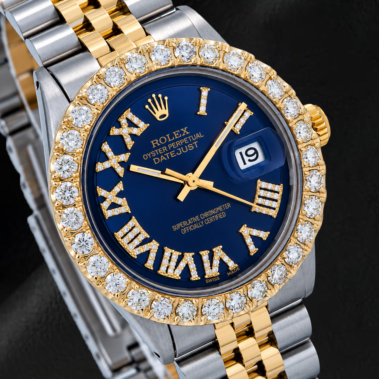 Rolex Datejust 36 mm 1601 Blaues Diamantzifferblatt mit römischen Ziffern Bicolor Jubilé-Armband
