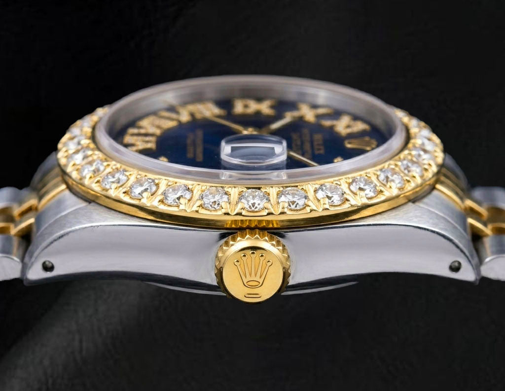 Rolex Datejust 36 mm 1601 Blaues Diamantzifferblatt mit römischen Ziffern Bicolor Jubilé-Armband