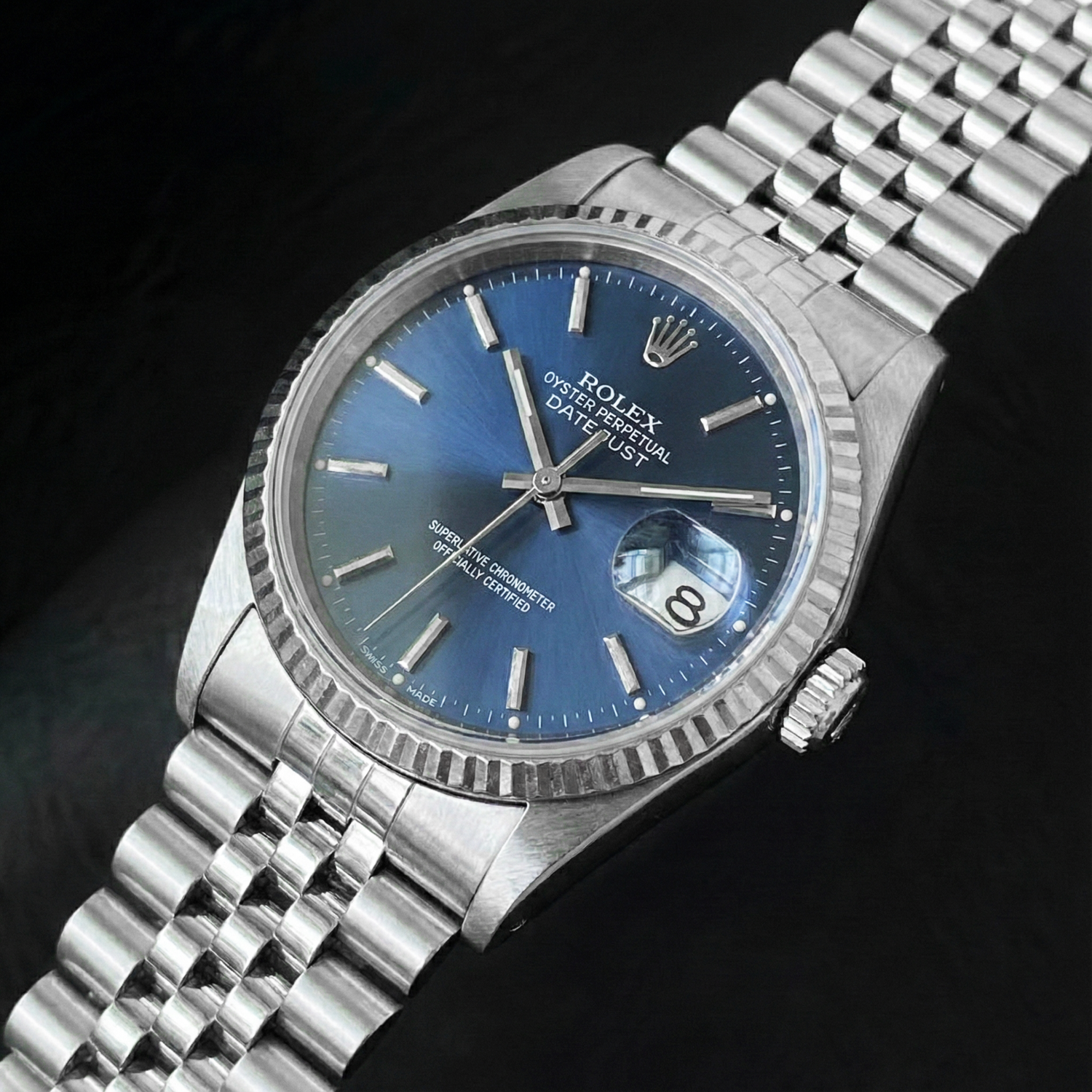 Rolex Datejust 36 mm Edelstahluhr mit blauem Stabzifferblatt