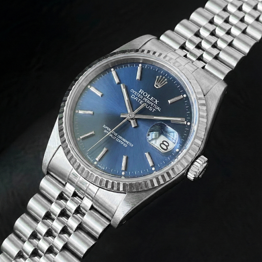 Rolex Datejust 36 mm Edelstahluhr mit blauem Stabzifferblatt
