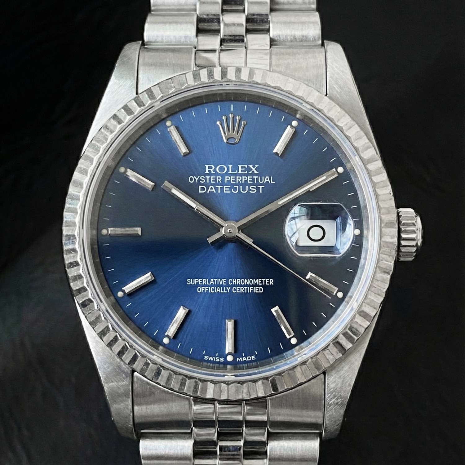 Rolex Datejust 36 mm Edelstahluhr mit blauem Stabzifferblatt
