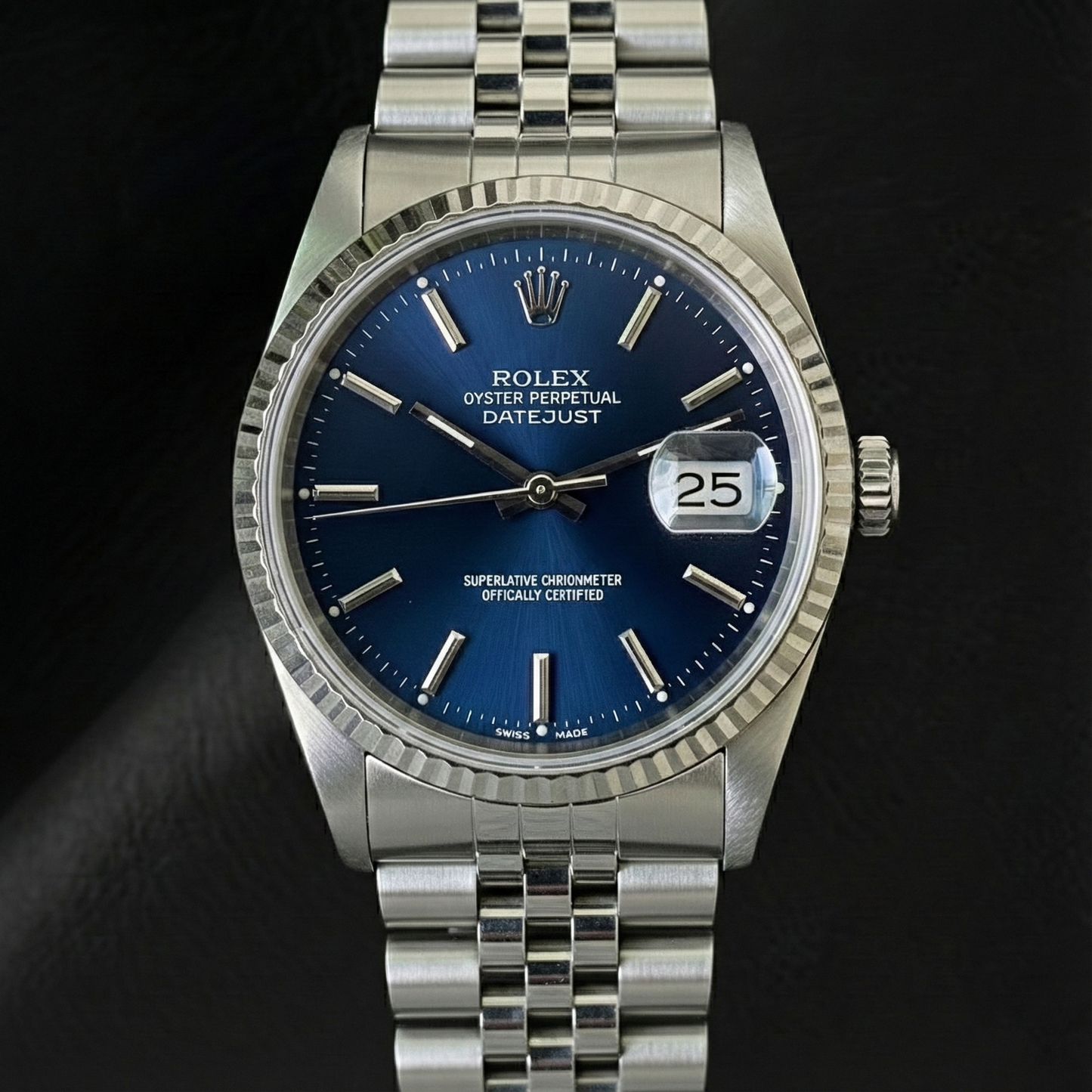 Rolex Datejust 36 mm Edelstahluhr mit blauem Stabzifferblatt