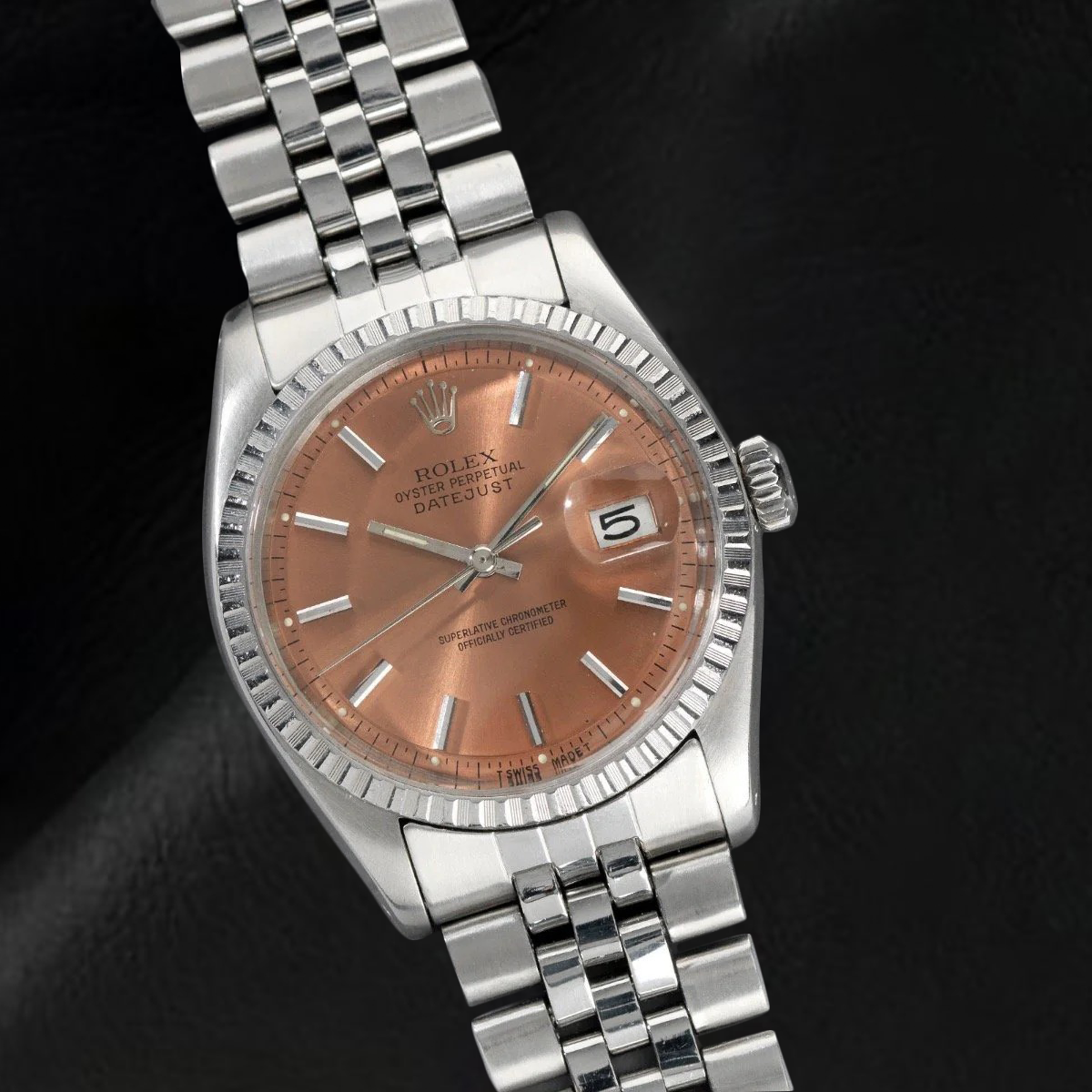 Rolex Datejust 36 mm Edelstahluhr mit lachsfarbenem Stabzifferblatt