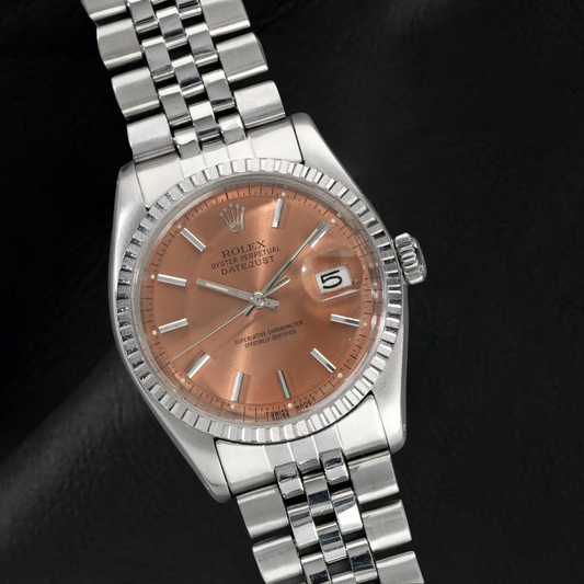 Rolex Datejust 36 mm Edelstahluhr mit lachsfarbenem Stabzifferblatt