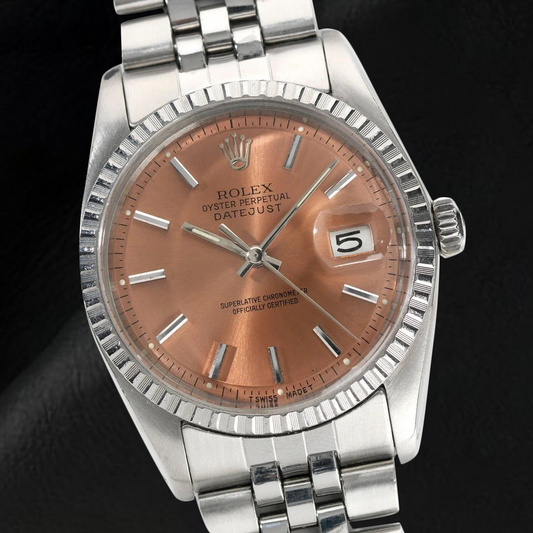Rolex Datejust 36 mm Edelstahluhr mit lachsfarbenem Stabzifferblatt