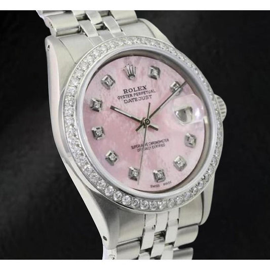 Rolex Datejust 36 mm Edelstahluhr mit rosa Perlmutt-Diamant-Zifferblatt