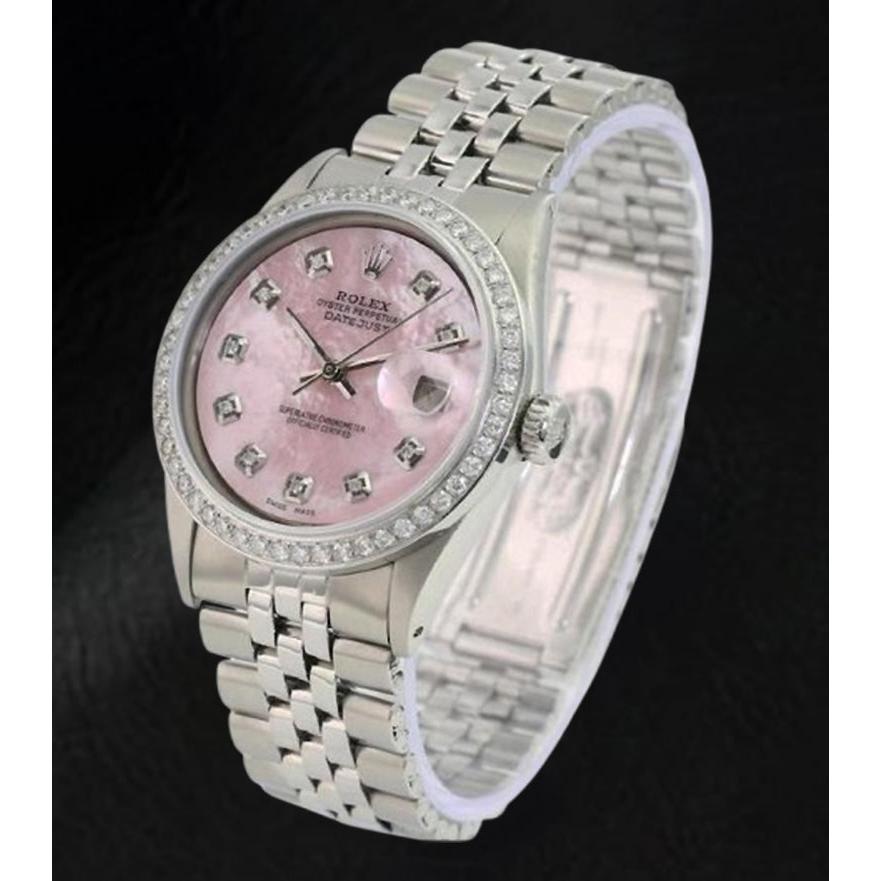 Rolex Datejust 36 mm Edelstahluhr mit rosa Perlmutt-Diamant-Zifferblatt