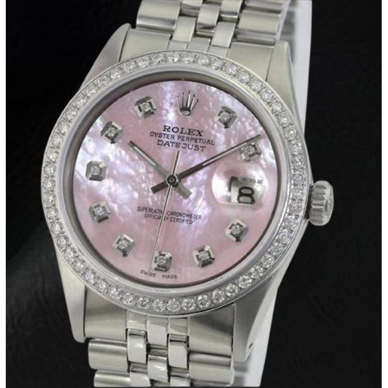 Rolex Datejust 36 mm Edelstahluhr mit rosa Perlmutt-Diamant-Zifferblatt