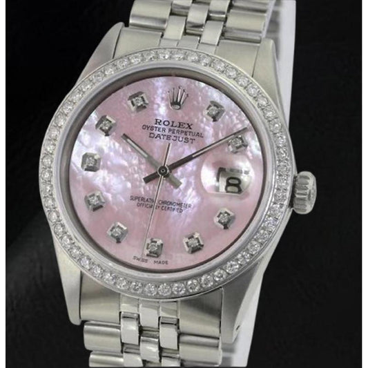 Rolex Datejust 36 mm Edelstahluhr mit rosa Perlmutt-Diamant-Zifferblatt