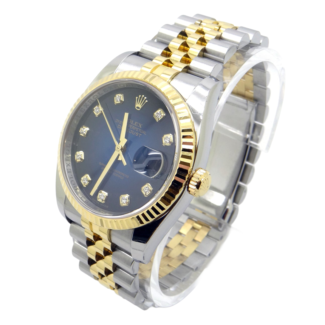 Rolex Datejust 36 mm Herrenuhr, Diamant-Zifferblatt, geriffelte Lünette, SCHNELLES EINSTELLEN