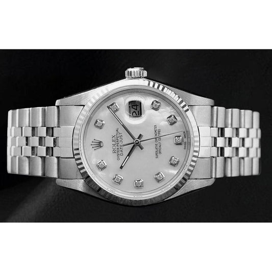 Rolex Datejust 36 mm, weißes Perlmutt-Diamant-Zifferblatt, Edelstahluhr