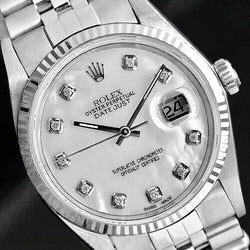 Rolex Datejust 36 mm, weißes Perlmutt-Diamant-Zifferblatt, Edelstahluhr