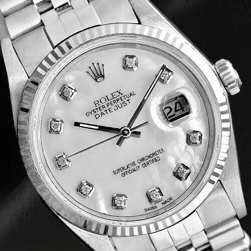 Rolex Datejust 36 mm, weißes Perlmutt-Diamant-Zifferblatt, Edelstahluhr