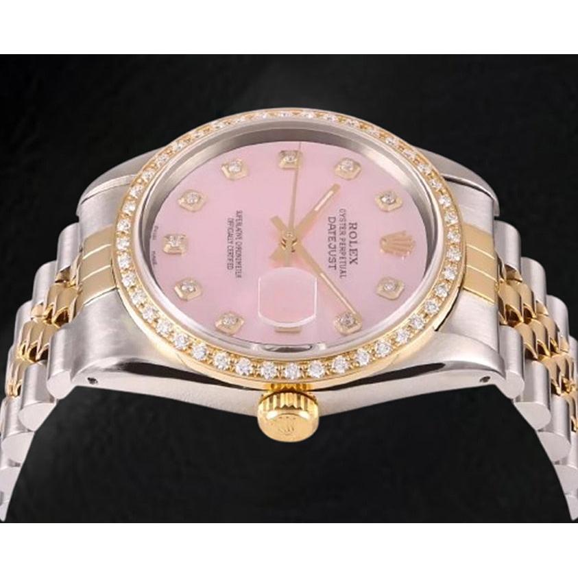 Rolex Datejust 36 mm, zweifarbige Uhr mit rosa Perlmutt-Zifferblatt und Diamanten