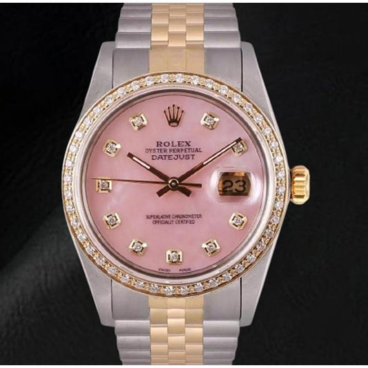 Rolex Datejust 36 mm, zweifarbige Uhr mit rosa Perlmutt-Zifferblatt und Diamanten