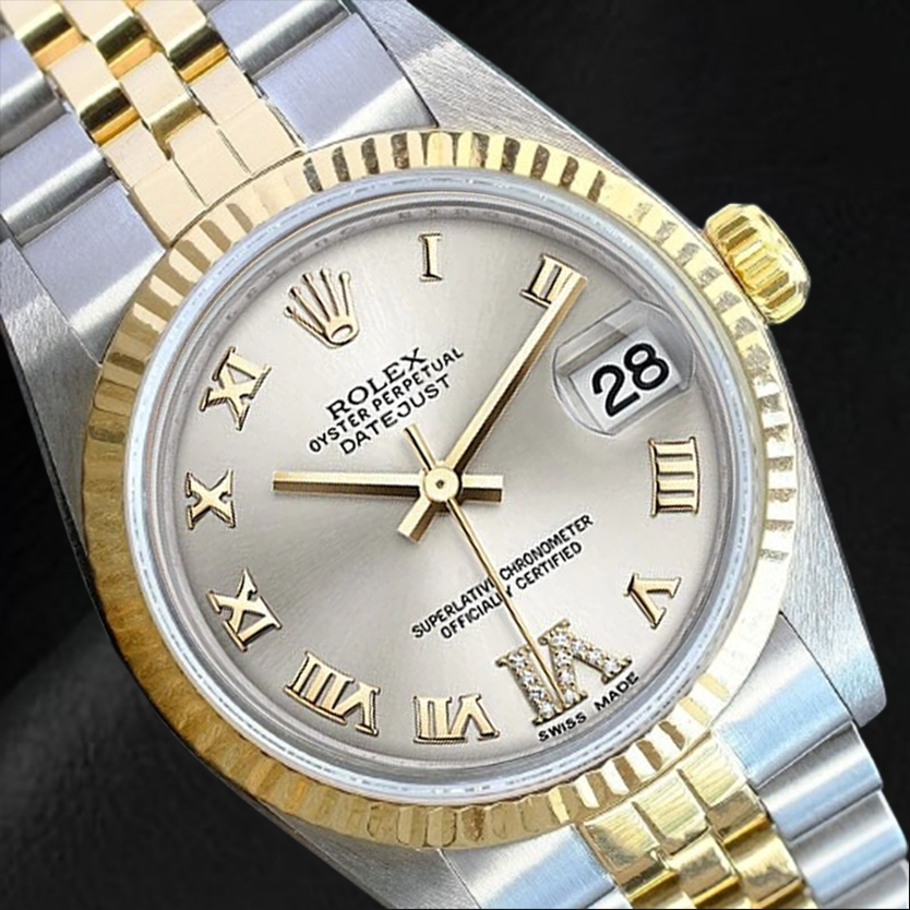 Rolex Datejust 36 mm, zweifarbige Uhr mit silbernem römischen Zifferblatt