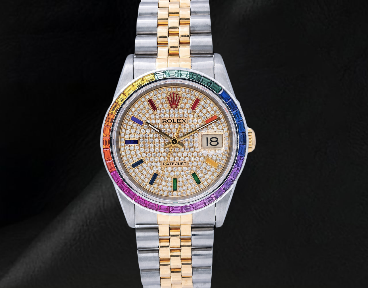Rolex Datejust 36 mm 16013 Bicolor-Uhr mit Diamant-Pavé-Zifferblatt und Regenbogen-Stundenindizes
