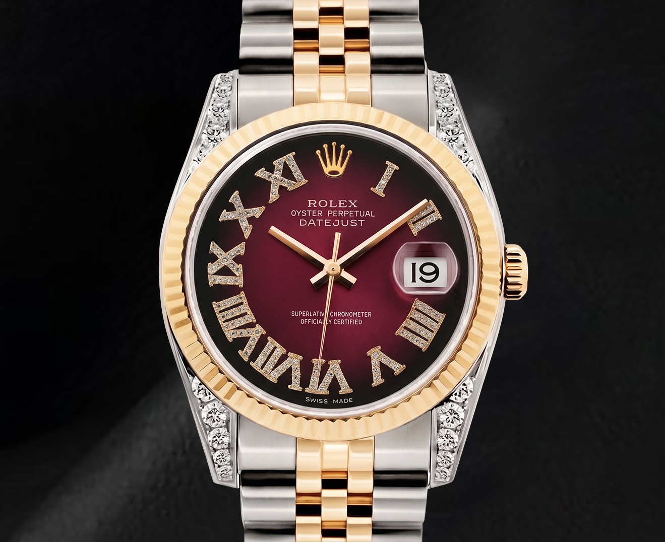 Rolex Datejust 36 mm 16013 Bicolor-Uhr mit rotem römischem Diamantzifferblatt