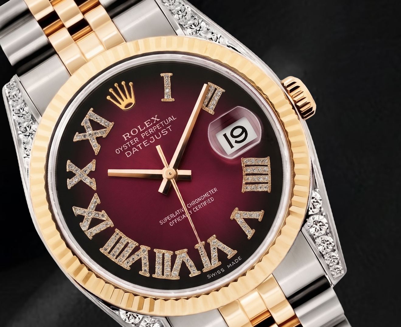 Rolex Datejust 36 mm 16013 Bicolor-Uhr mit rotem römischem Diamantzifferblatt