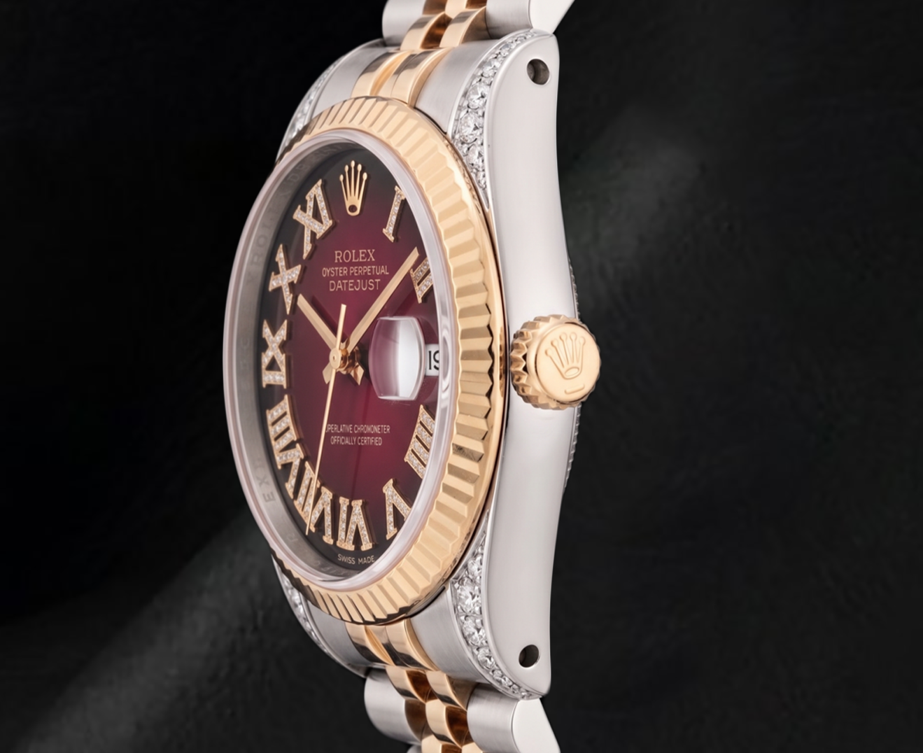 Rolex Datejust 36 mm 16013 Bicolor-Uhr mit rotem römischem Diamantzifferblatt